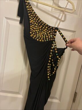 Black One-Shoulder Evening Dress with Gold Bead Accents
